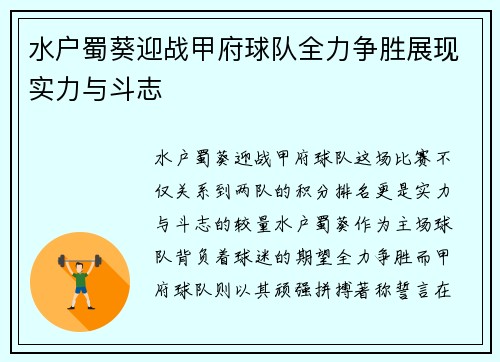 水户蜀葵迎战甲府球队全力争胜展现实力与斗志
